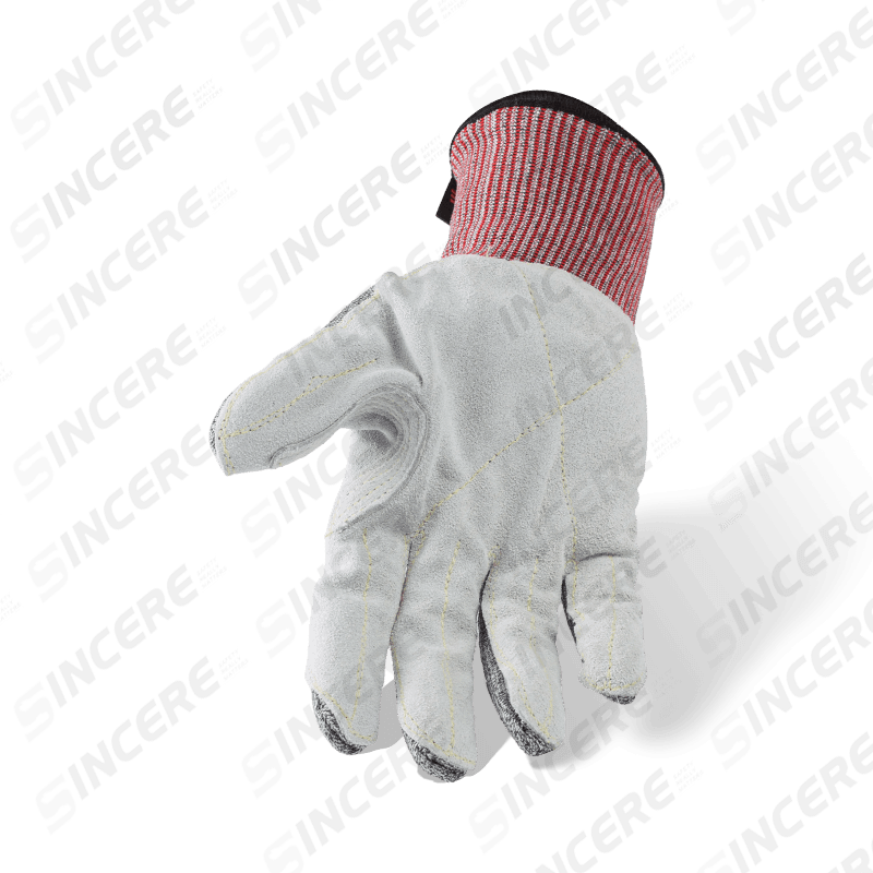 Gants résistants aux coupures ANSI A6 de calibre 13 avec paume en cuir (grain complet/fendu) et entrejambe renforcé pour le pouce — protection robuste contre les coupures en cuir Gants résistants aux coupures ANSI A6 de calibre 13 avec paume en cuir (grain complet/fendu) et entrejambe renforcé pour le pouce — protection robuste contre les coupures en cuir