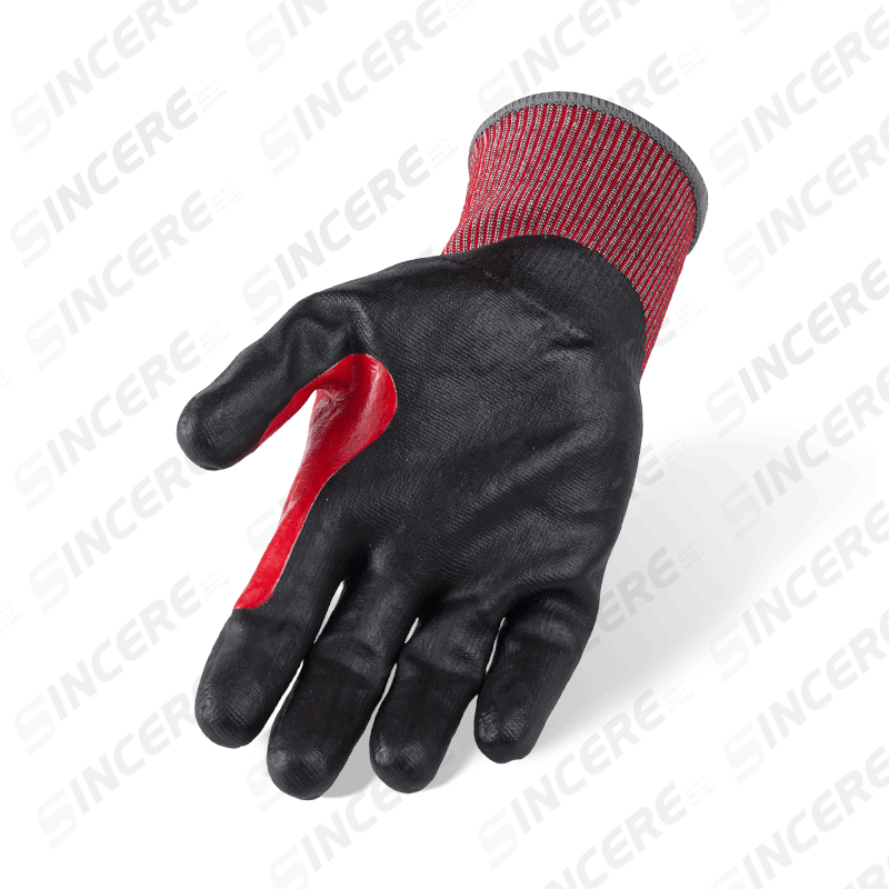 Gants résistants aux coupures ANSI A5 de calibre 18 avec paume en micro-mousse de nitrile noir et entrejambe de pouce renforcé étendu rouge Gants résistants aux coupures ANSI A5 de calibre 18 avec paume en micro-mousse de nitrile noir et entrejambe de pouce renforcé étendu rouge