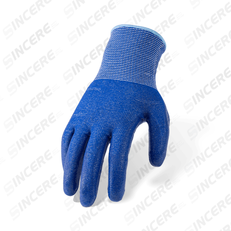 Gants bleus ANSI A4 résistants aux coupures de calibre 13 avec revêtement en silicone transparent pour paume — Protection contre les coupures moyennes à élevées résistante à la chaleur Gants bleus ANSI A4 résistants aux coupures de calibre 13 avec revêtement en silicone transparent pour paume — Protection contre les coupures moyennes à élevées résistante à la chaleur